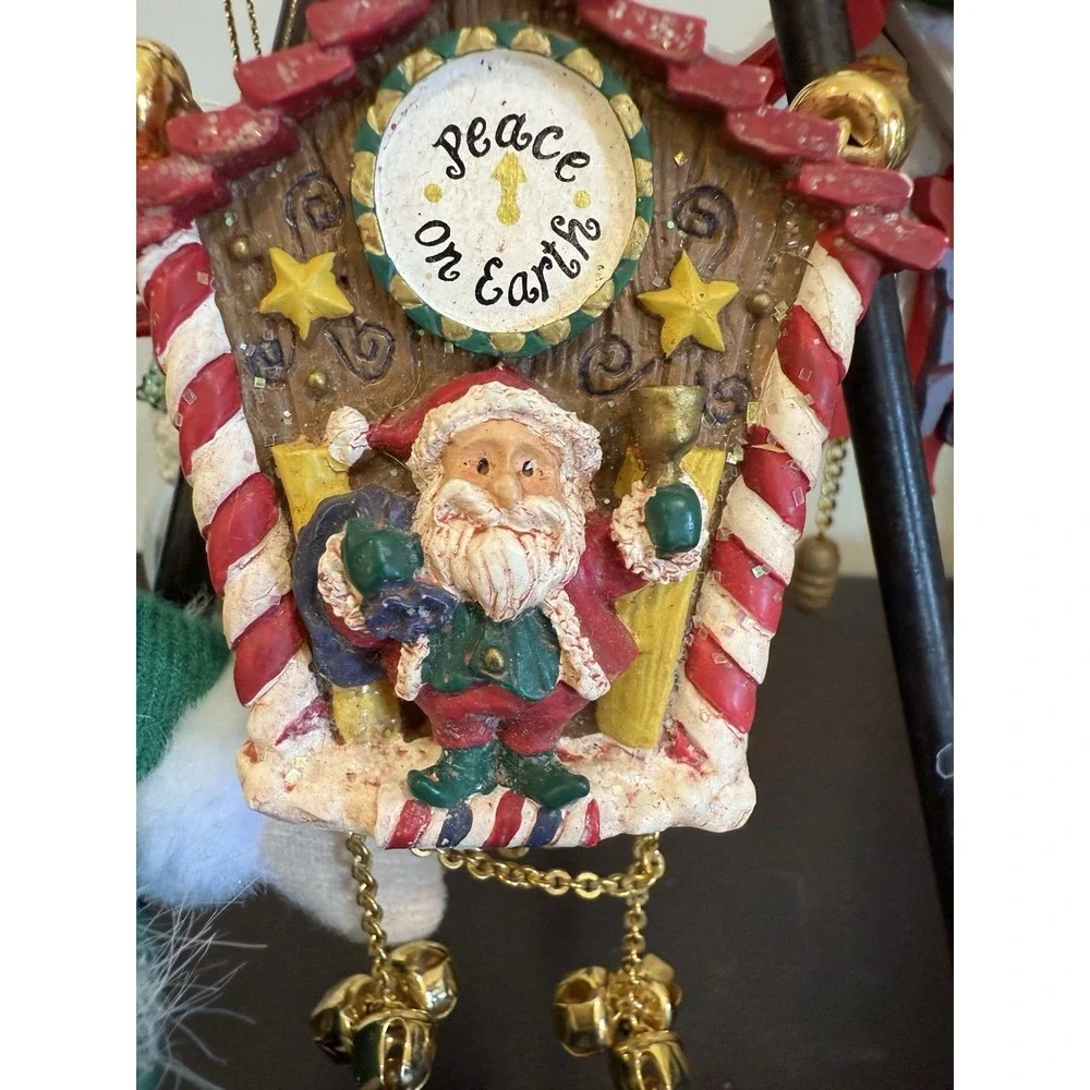 Lot of 5 Christmas Ornaments VTG Red Green Santa & Snowman Plush Music Box Clock
